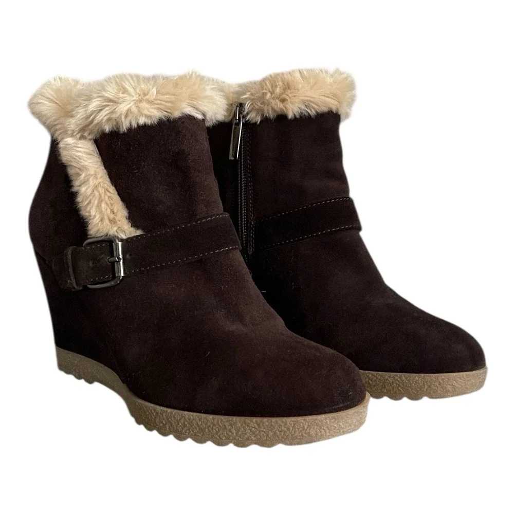 Aquatalia Carlotta Shearling‎ Trim Brown Suede Ankle Boots Retail $398
